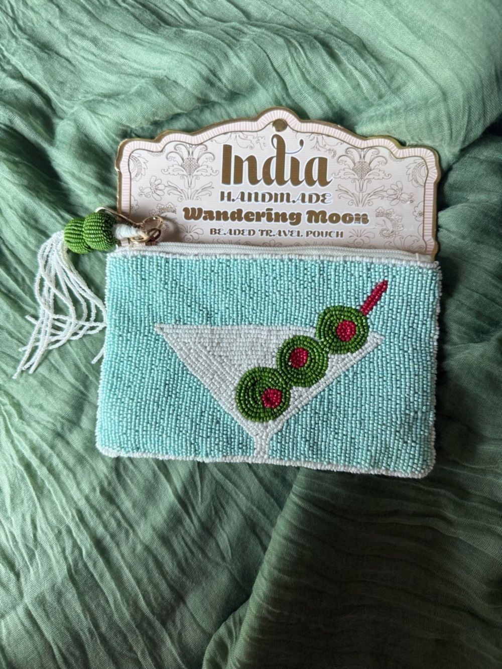 India Handmade Aqua Beaded Travel Pouch with Cocktail Motif